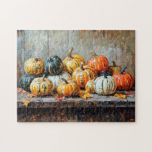 Quebra-cabeça Colorida Autumn Pumpkins sobre a Mesa russa (Horizontal)