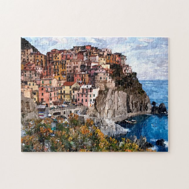 Quebra-cabeça Colorida Manarola Cinque Terre Watercolor Art (Horizontal)