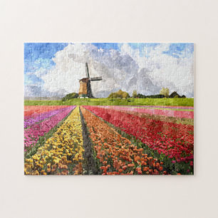 Quebra-cabeça Coloridas Tulipas Neerlandesas Flores Campos Aquar