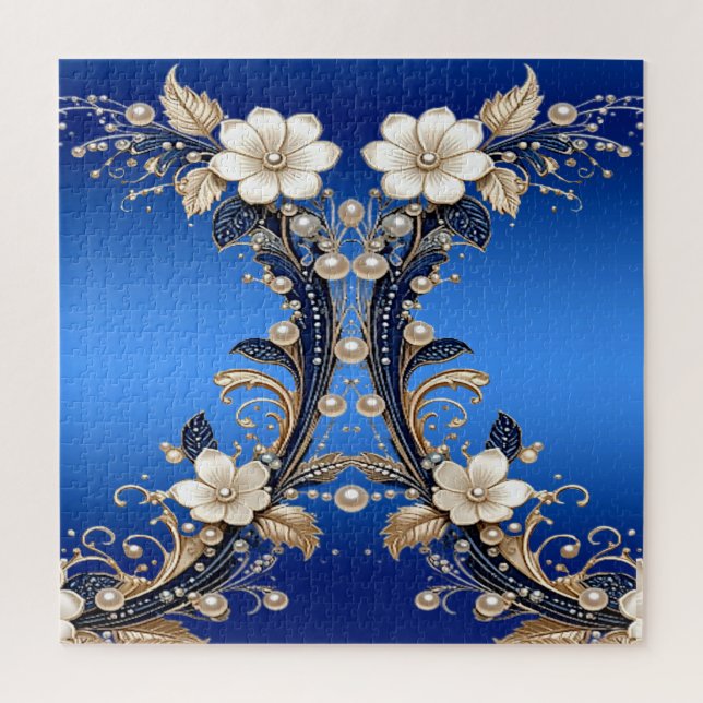 Quebra-cabeça com Enfeite Floral Branco Azul (Vertical)