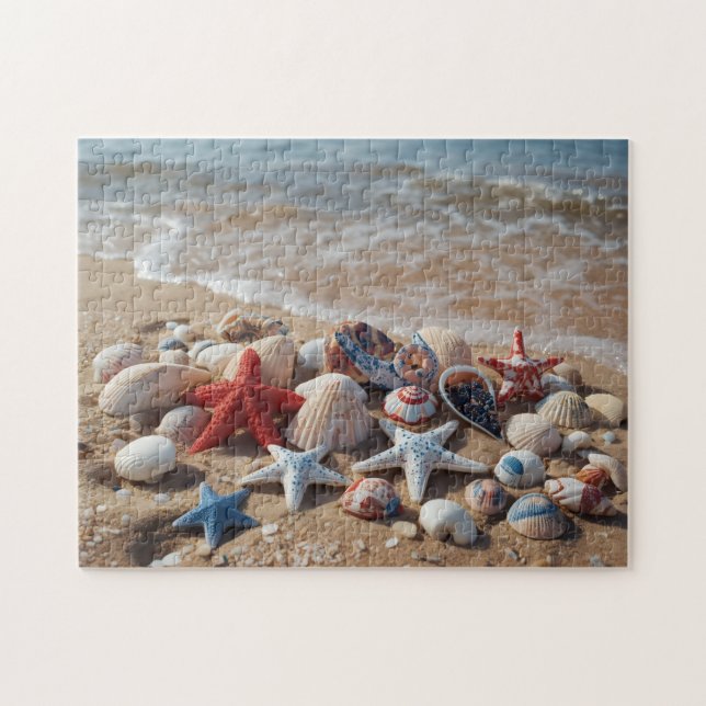 Quebra-cabeça Conchas patrióticas e estrelas-do-mar em uma praia (Horizontal)