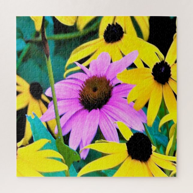 Quebra-cabeça Coneflower Rosa e Roxo com Flores Amarelas (Vertical)