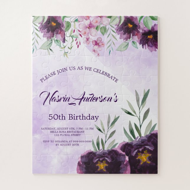 Quebra-cabeça Convite de Aniversário Floral Roxo Elegante (Vertical)