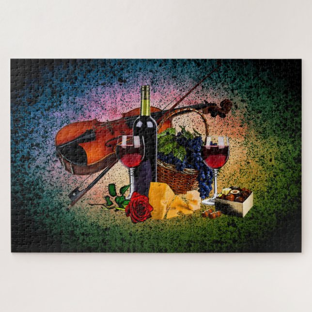Quebra-cabeça Copos de vinho, garrafa, uva, queijo, Violin (Horizontal)