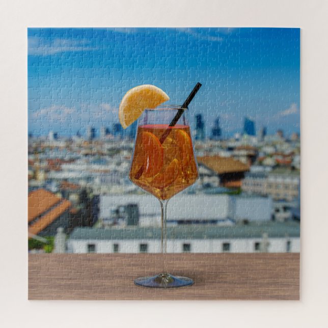 Quebra-cabeça Coquetel Spritz numa mesa com vista a Milão (Vertical)