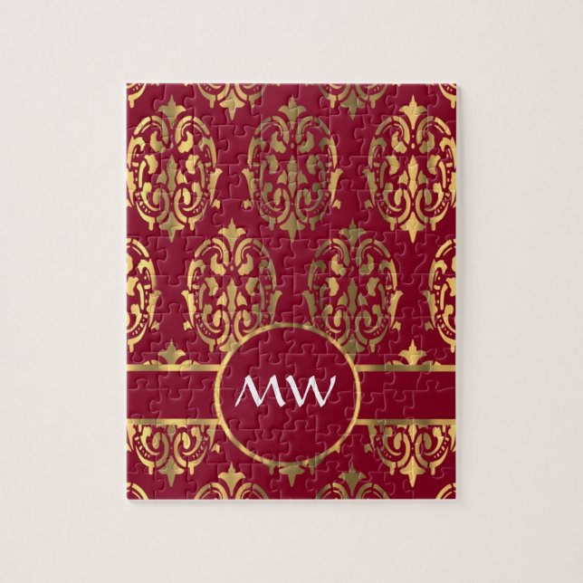 Quebra-cabeça Cor damasco de monograma vermelho e dourado (Vertical)