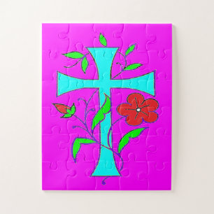Quebra-cabeça Cor rosa-azul com flores vermelhas cruz azul