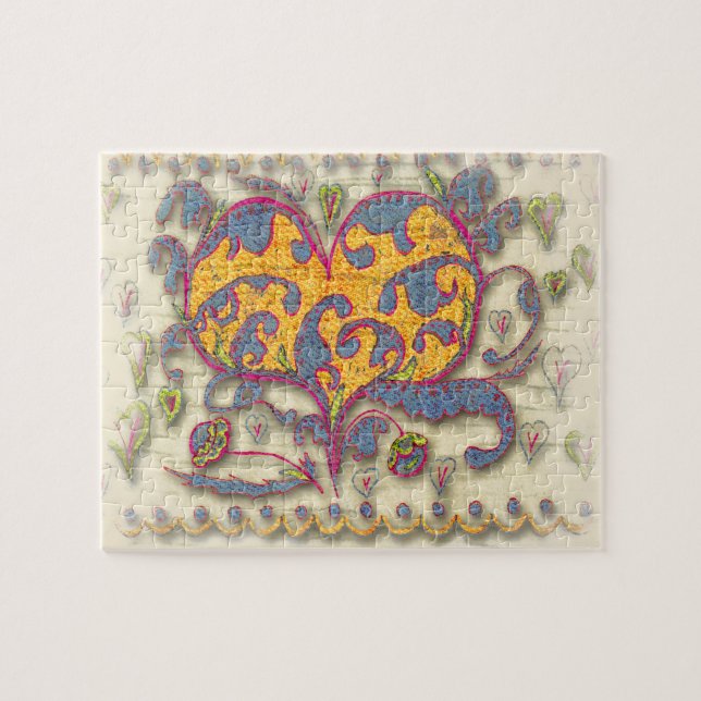 Quebra-cabeça Coração Folk Art com folhas e flores (Horizontal)