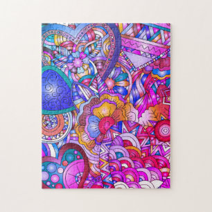 Quebra-cabeça ;Corações Coloridos e Flores Abstrato