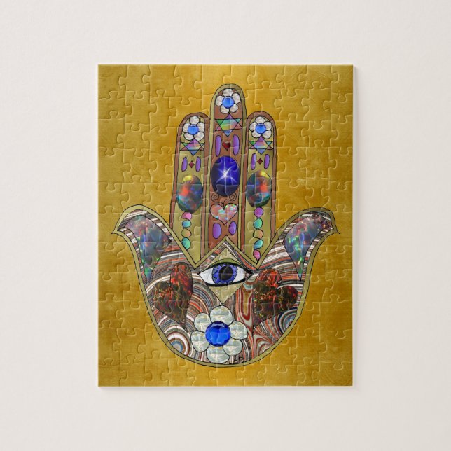 Quebra-cabeça Corações Hamsa Flores Opala Arte em Ouro (Vertical)