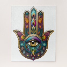 Quebra-cabeça Cores de Pavão Hamsa com Terceiro Olho Dourado