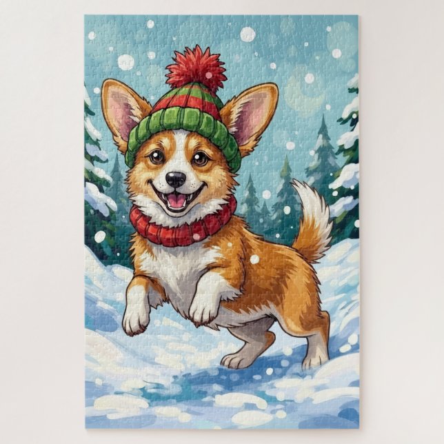 Quebra-cabeça Corgi Alegre Saltando na Neve com Pom Pom (Vertical)