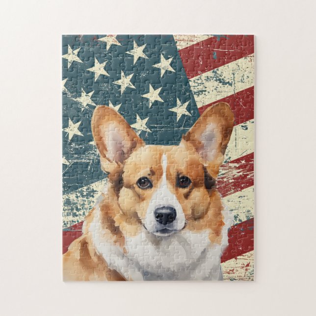 Quebra-cabeça Corgi Cachorro Bandeira Americana Grunge (Vertical)