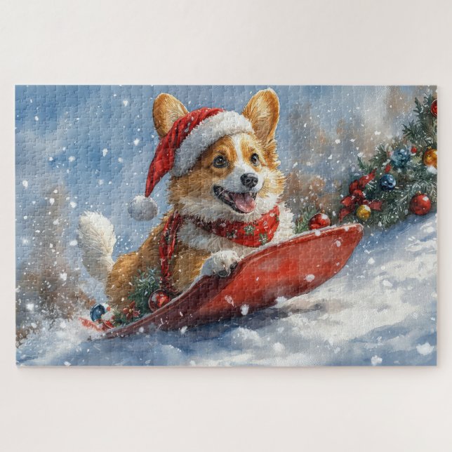 Quebra-cabeça Corgi Cachorro no Trenó Deixe Nevar Natal (Horizontal)