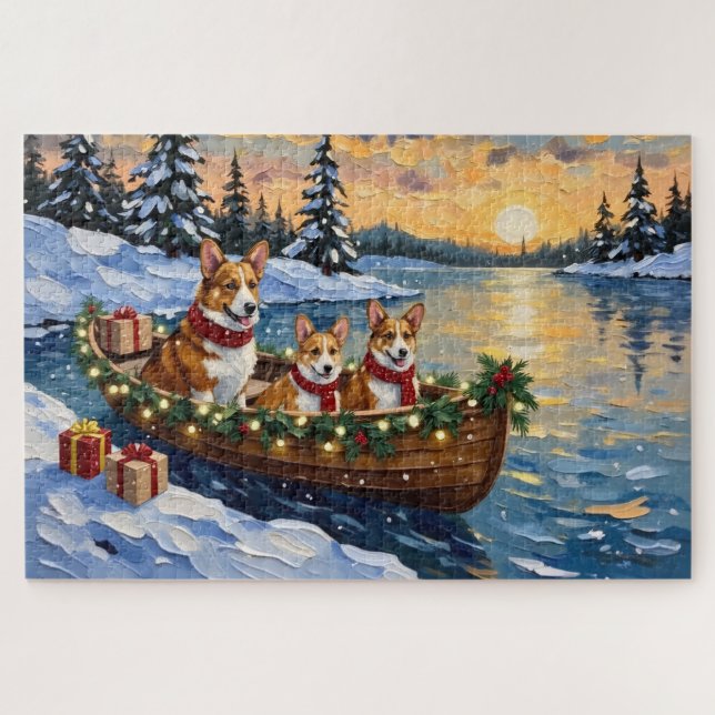 Quebra-cabeça Corgi Christmas Boat Holiday (Horizontal)