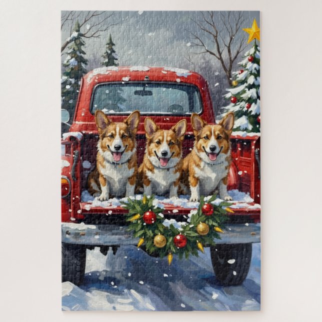 Quebra-cabeça Corgi Christmas Red Truck Holiday (Vertical)