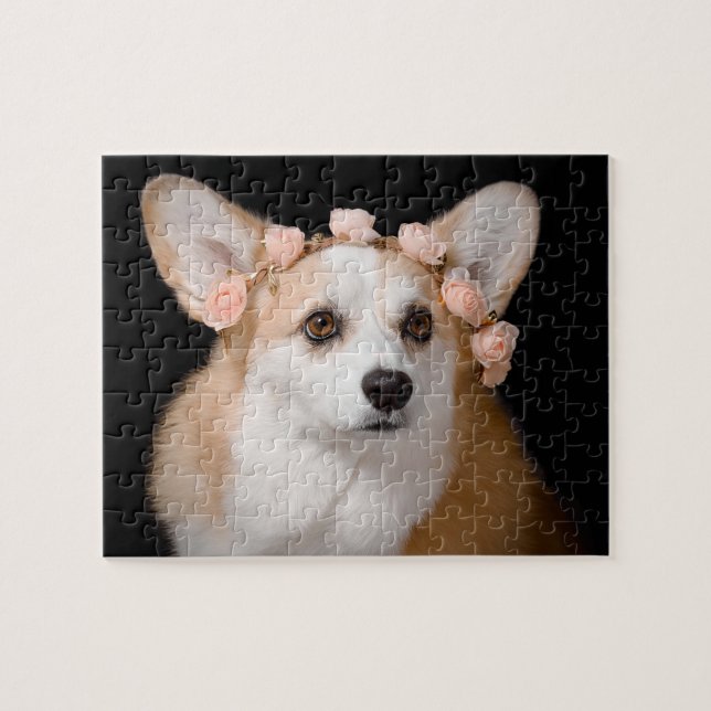 Quebra-cabeça Corgi com as flores em seu cabelo (Horizontal)