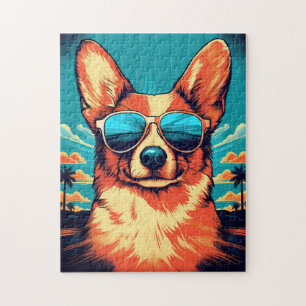 Quebra-cabeça Corgi com óculos de sol numa praia tropical