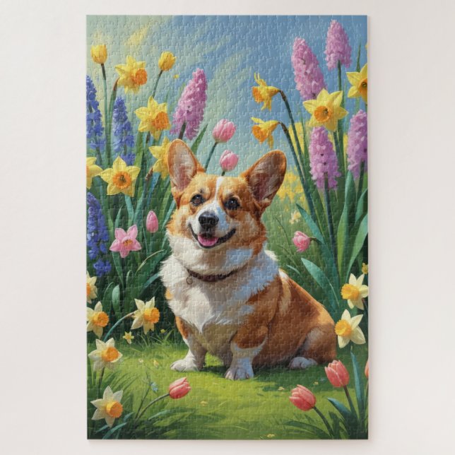 Quebra-cabeça Corgi Dog Spring Flowers Painting (Vertical)