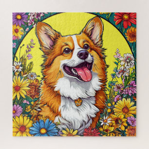 Quebra-cabeça Corgi Encantador Rodeado por Flores Coloridas