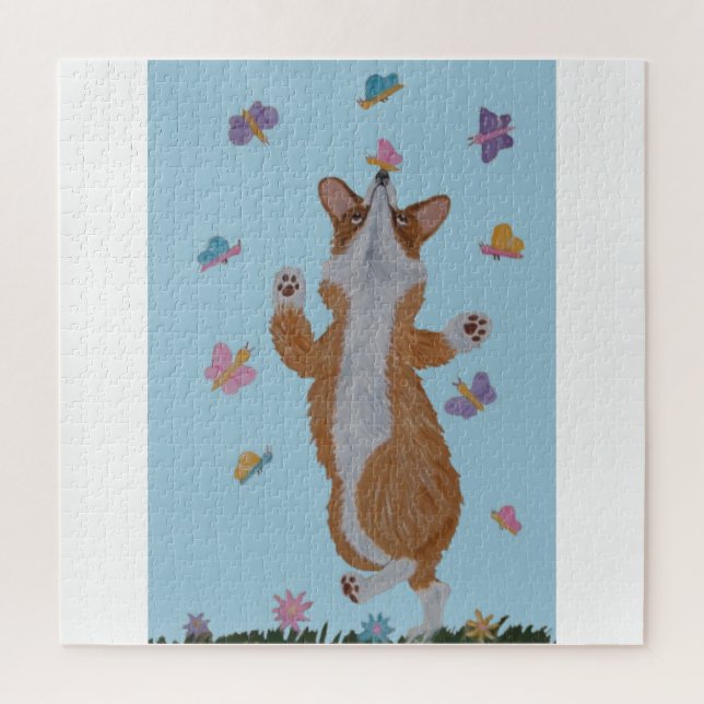 Quebra-cabeça Corgi galês dançando com borboletas (Vertical)