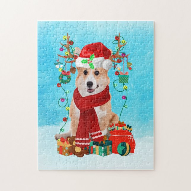 Quebra-cabeça Corgi na neve com presentes de Natal (Vertical)