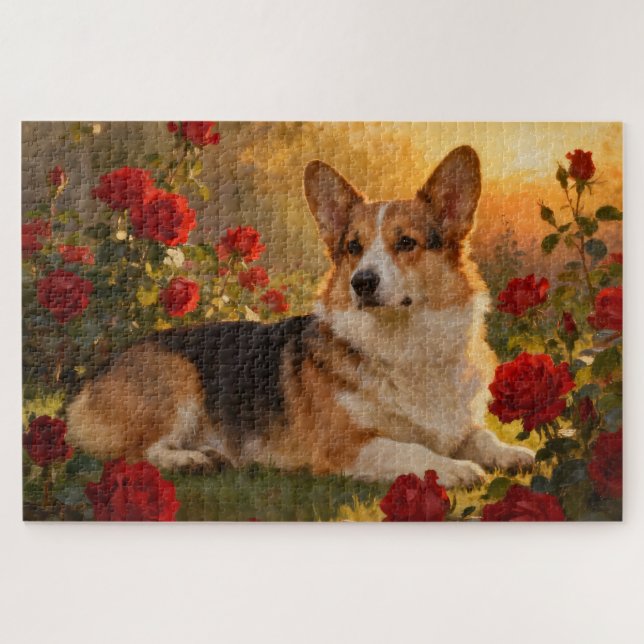 Quebra-cabeça Corgi nas Rosas VI (Horizontal)