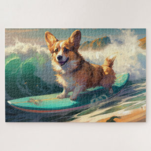 Quebra-cabeça Corgi Pintura de Surf na Praia