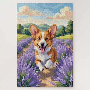 Quebra-cabeça Corgi Primavera Campo de Lavanda Cachorro Fofo