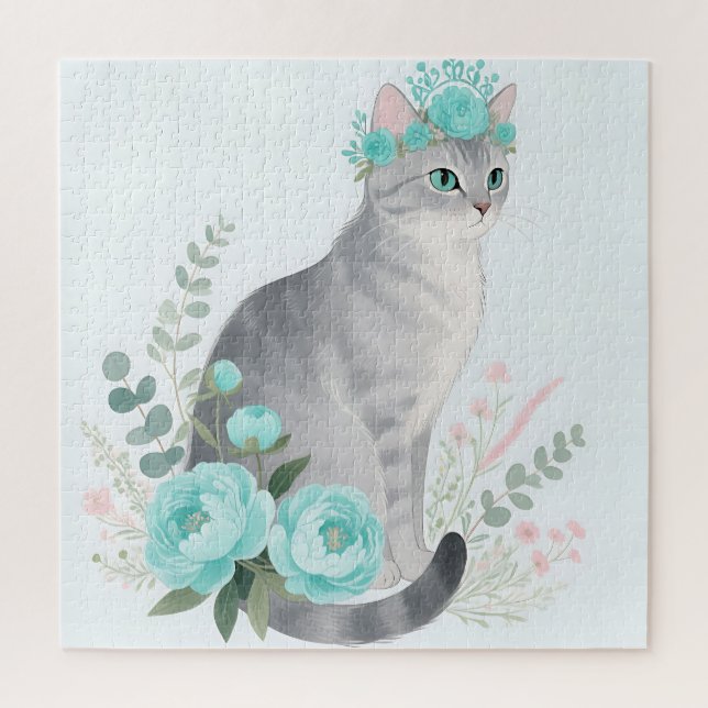 Quebra-cabeça Coroa Floral Gato Cinza (Vertical)
