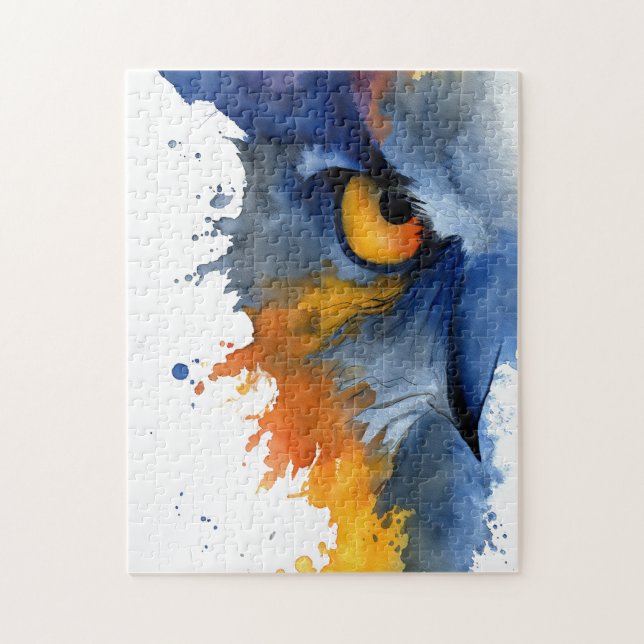 Quebra-cabeça Coruja feroz em aquarela azul e laranja (Vertical)