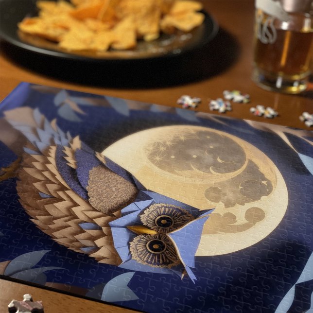 Quebra-cabeça Coruja Noturna Em Árvore, Artesanato Azul (Night owl puzzle with full moon: A paper craft enchanted forest scene on a magical woodland evening.)