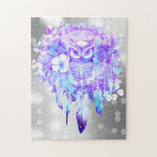 Quebra-cabeça Coruja Totem Dreamcatcher Feather Cinza Púrpura