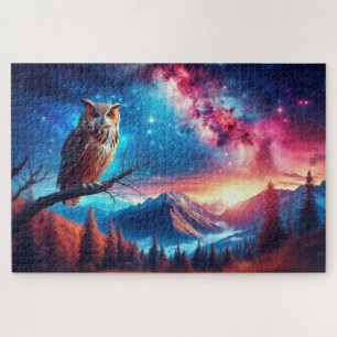 Quebra-cabeça Coruja's Night Watch, Mountain Range, Watchful Owl