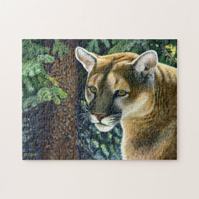 Quebra-cabeça Cougar Na Floresta, Pintura Acrílica (Horizontal)