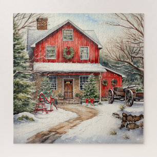 Quebra-cabeça Country Red Barn No Inverno