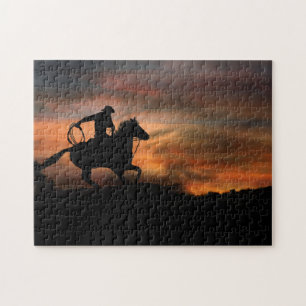 Quebra-cabeça Cowboy e Cavalo Dirigindo Sunset