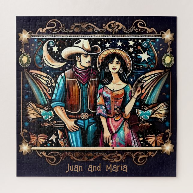 Quebra-cabeça Cowboy e Mulher Preto e Dourado (Vertical)