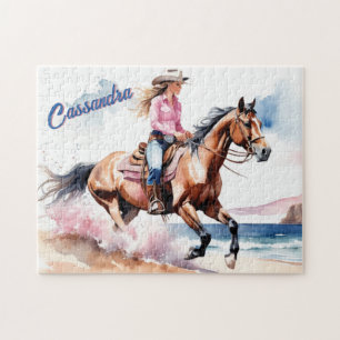 Quebra-cabeça Cowgirl Horseback Andando na praia pelo Ocean Cust