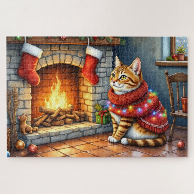 Quebra-cabeça Cozy Abyssinian Cat by Fireplace Christmas Lights (Horizontal)