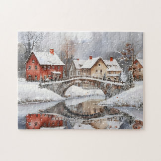 Quebra-cabeça Cozy Winter Village Bridge Watercolor Christmas