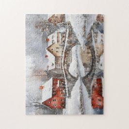 Quebra-cabeça Cozy Winter Village Bridge Watercolor Christmas