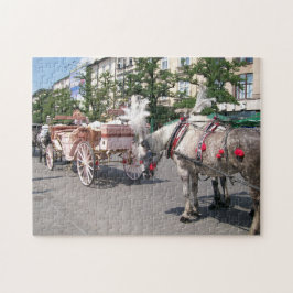 Quebra-cabeça Cracóvia, carruagems desenhadas por cavalos, praça