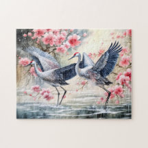 Cranes in water with floral reflections