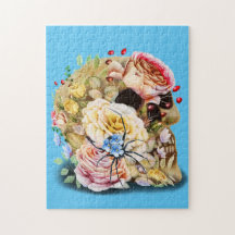 Crânio com rosas e aranha floral azul