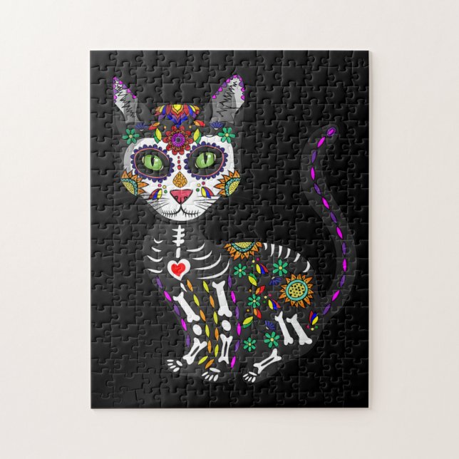 Quebra-cabeça Crânio De Açúcar Gato Mexicano Dia das Bruxas dos  (Vertical)