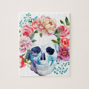 Quebra-cabeça Crânio e flores artísticos da aguarela