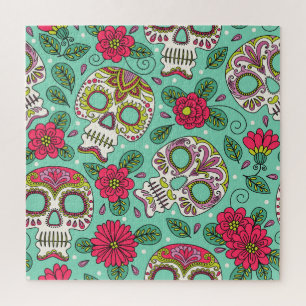 Quebra-cabeça Crânio mexicano e flores, sem costura.