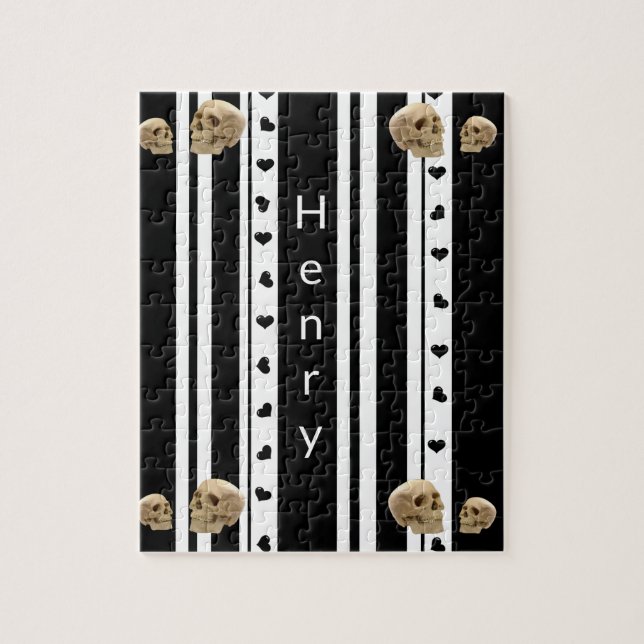 Quebra-cabeça Crânio Negro e Branco Corações (Vertical)