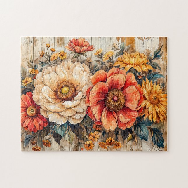 Quebra-cabeça Cream Peony and Orange Zinnia on Wood (Horizontal)